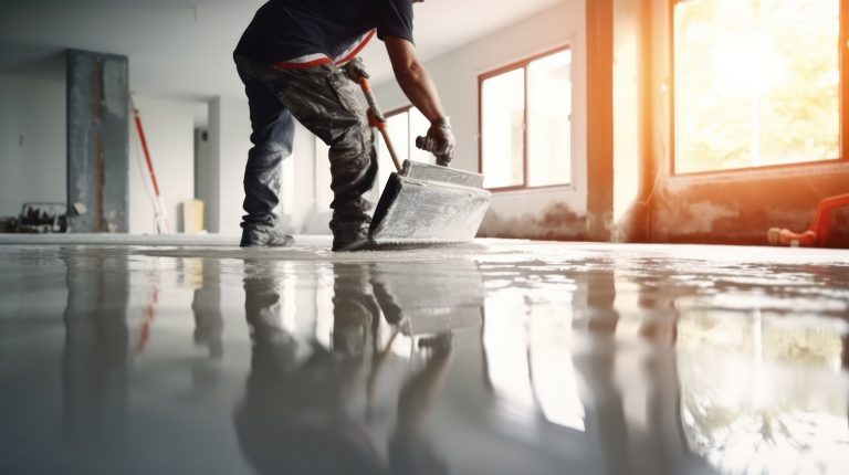 New concrete screed with self-leveling cement for floors Sign announcing a house renovating a large building